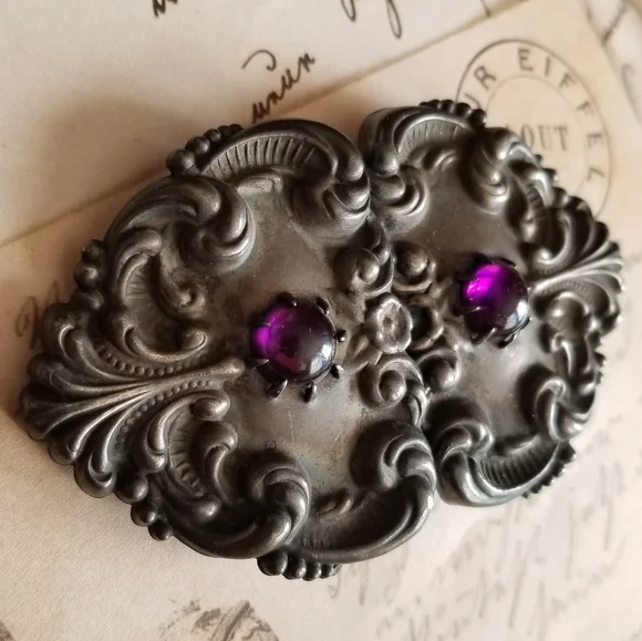 Relisted -Antique Victorian sash belt buckle purple glass cabochons black metal - Picture 10 of 13